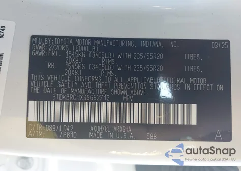 2025 Toyota Highlander Hybrid Limited 25Th Edition z USA, uszkodzony, nr VIN 5TDKBRCHXSS662712